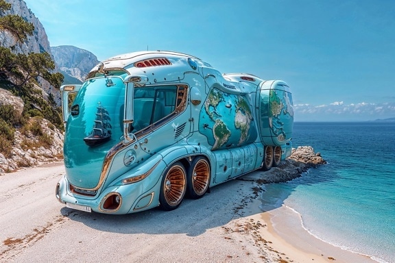 Concepto del vehículo recreativo azul y dorado del futuro en una playa de Croacia