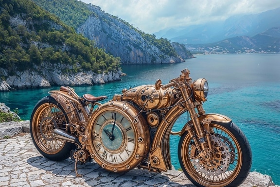 Sepeda motor kilau emas dalam gaya mesin waktu dengan jam analog di atasnya