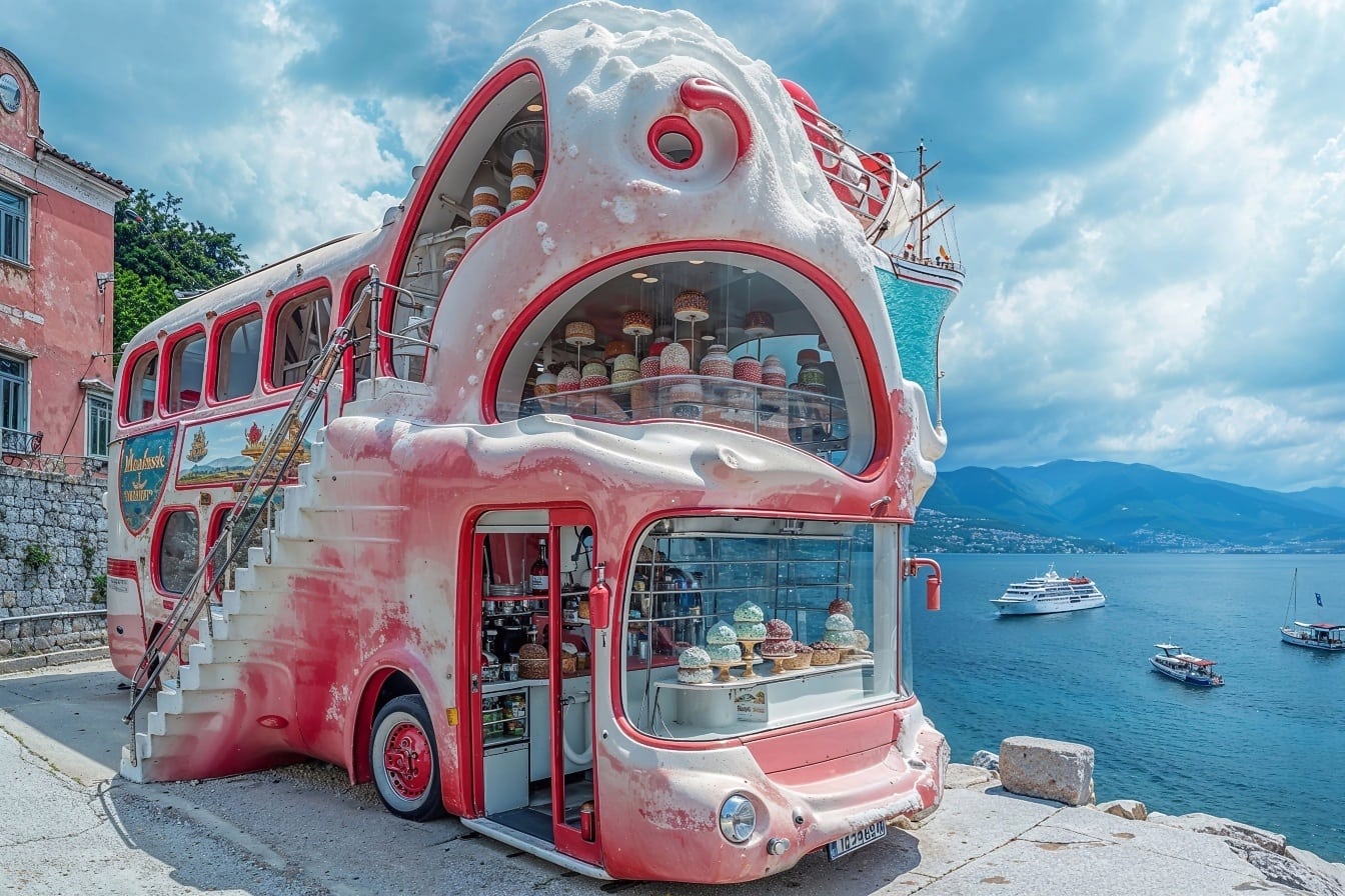 Autobus a due piani come negozio di caramelle con varie prelibatezze in Croazia