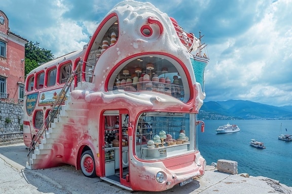 Double-decker bus ako cukráreň s rôznymi dobrotami v Chorvátsku