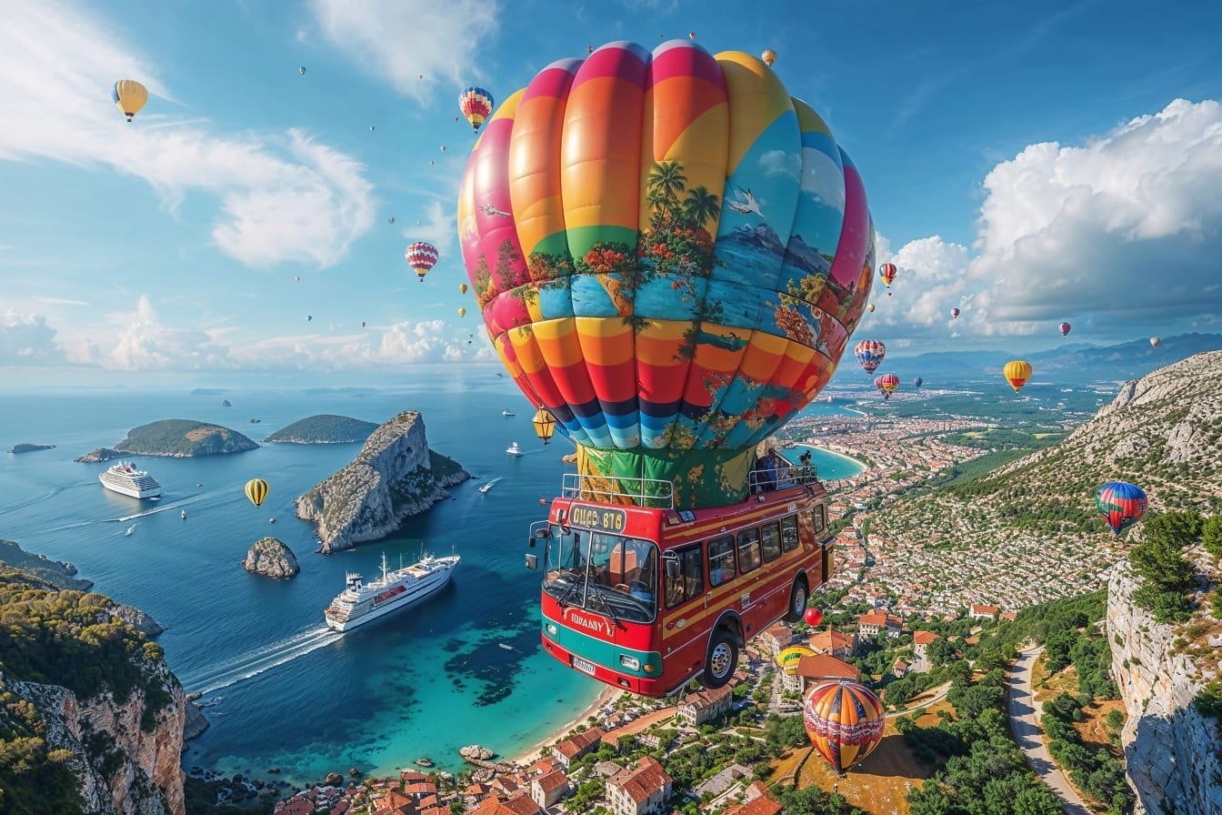 De hete luchtballon draagt rode bus over baai