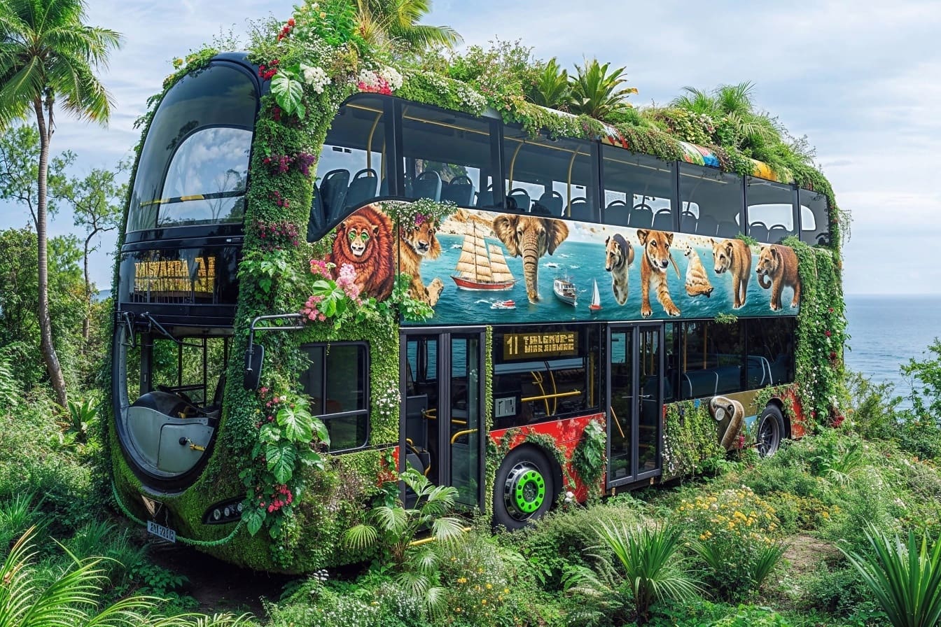 Dvojpodlažný autobus zarastený rastlinami v tropickej džungli