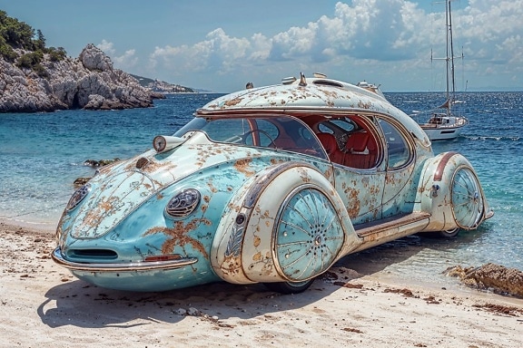 Concept amfibische plezierboot-auto van de toekomst op een strand