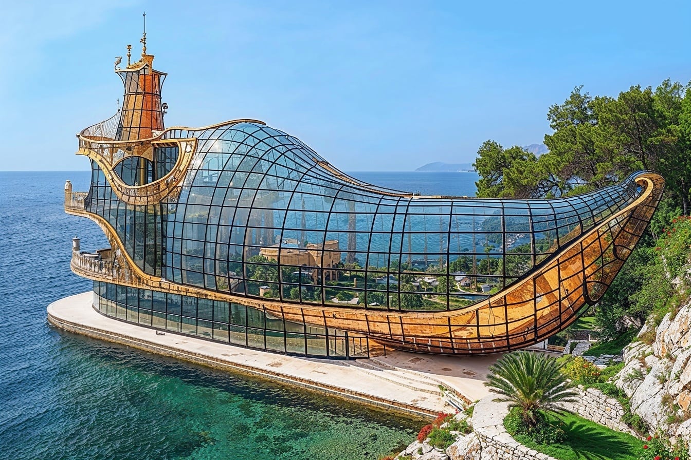 Clădire futuristă din sticlă cu structură în formă de barcă