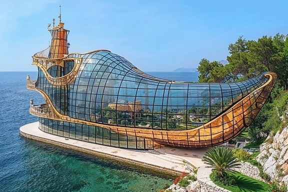 Futuristic glass building with a boat shaped structure