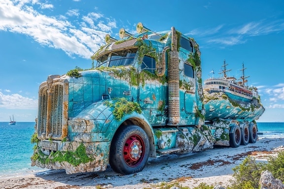 Truck covered in moss with cruise ship on trailer on the beach in Croatia