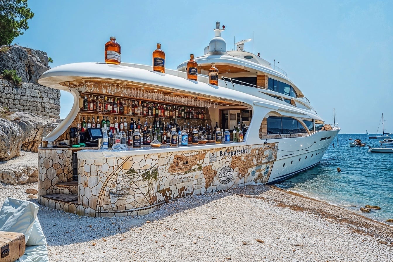 Plážový bar v tvare jachty v rezorte v Chorvátsku