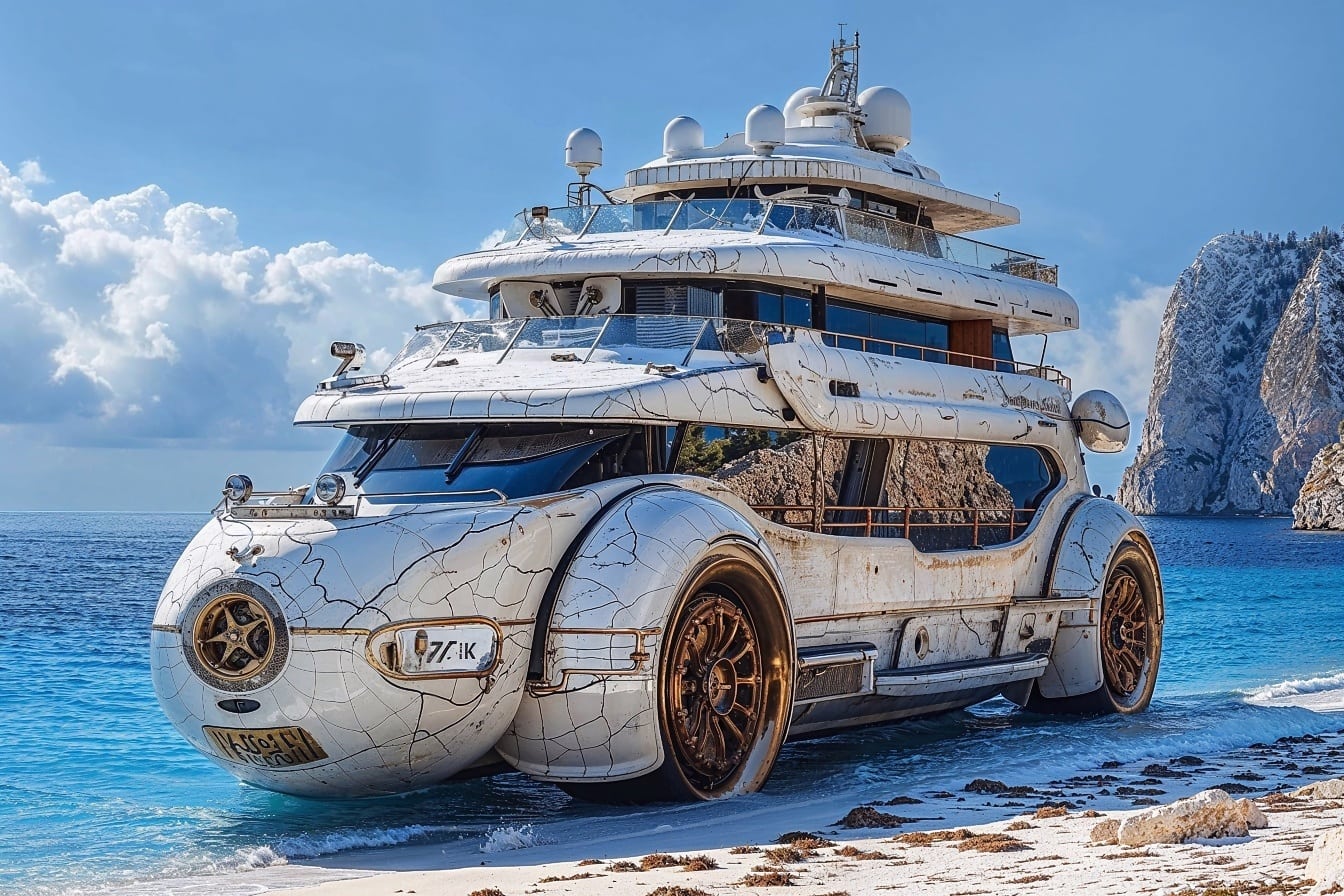 Tulevaisuuden huvivene-auto-amfibioajoneuvon konsepti rannalla