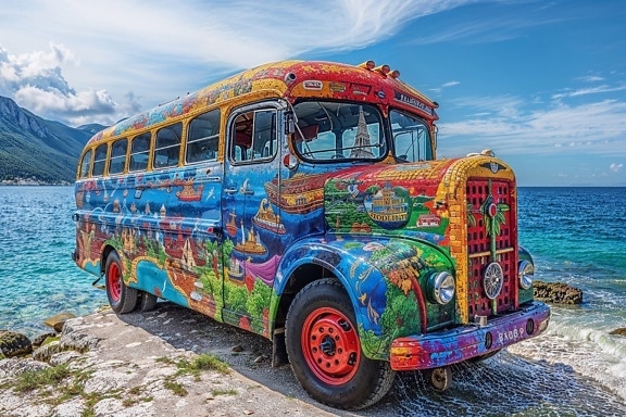 Ônibus escolar com estampa colorida em estilo hippie em uma costa na Croácia