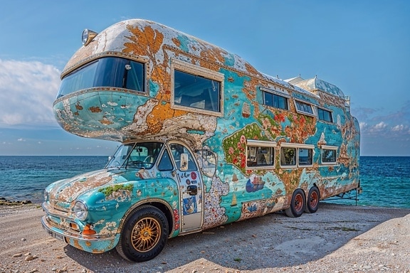 休闲露营车，在克罗地亚的海滩上印有海上枫树的图案