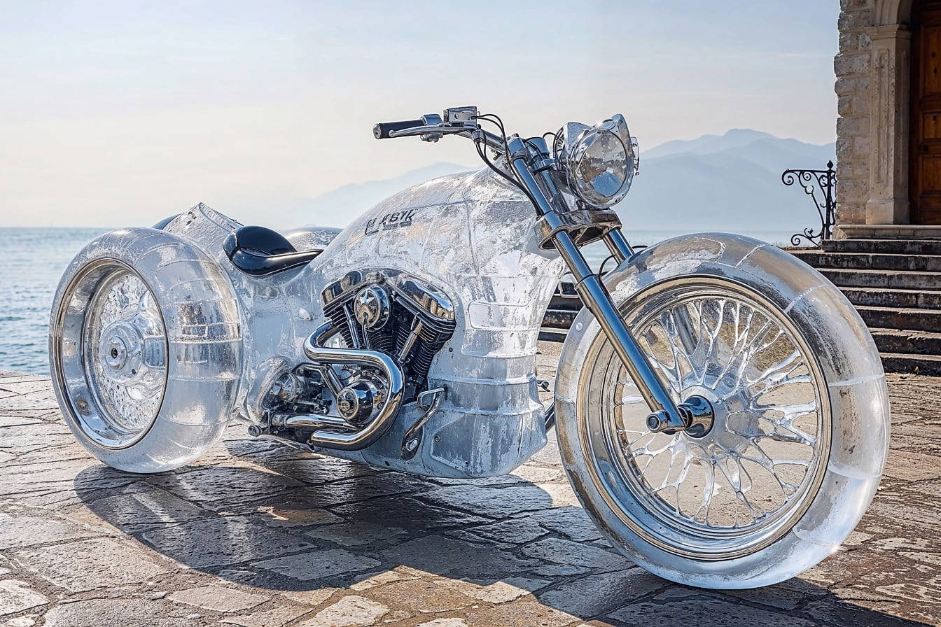 Buzdan yapılmış üç tekerlekli bisiklet motosiklet