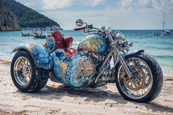 Skreddersydd trehjulssykkel med maritimt trykk på stranden i Kroatia