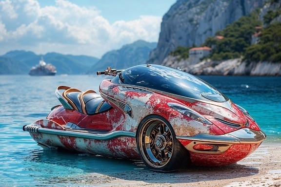 Concetto di veicolo sportivo per moto d’acqua del futuro sulla spiaggia
