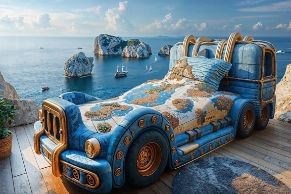 Lastbil i form av en säng med maritimt karttryck på lakan på en terrass