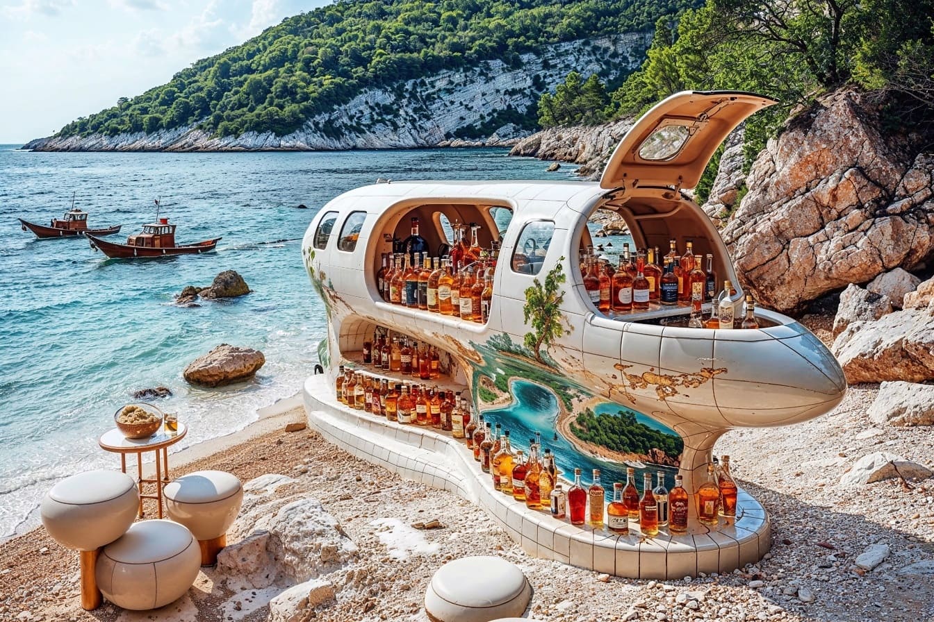 Bar de băut pe plajă în formă de submarin futurist