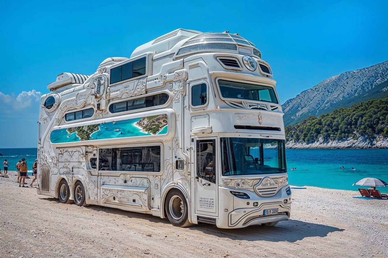 Фотомонтаж двухэтажного автобуса будущего на туристическом пляже