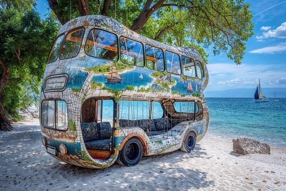 Dobbeltdækkerbus omdannet til fritidskøretøj på en tropisk strand