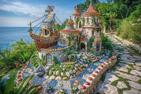 Miniaturní pohádkový hrad z barevných kamenů v zahradě v Chorvatsku