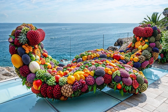 Sedie a sdraio fatte di frutta su una terrazza