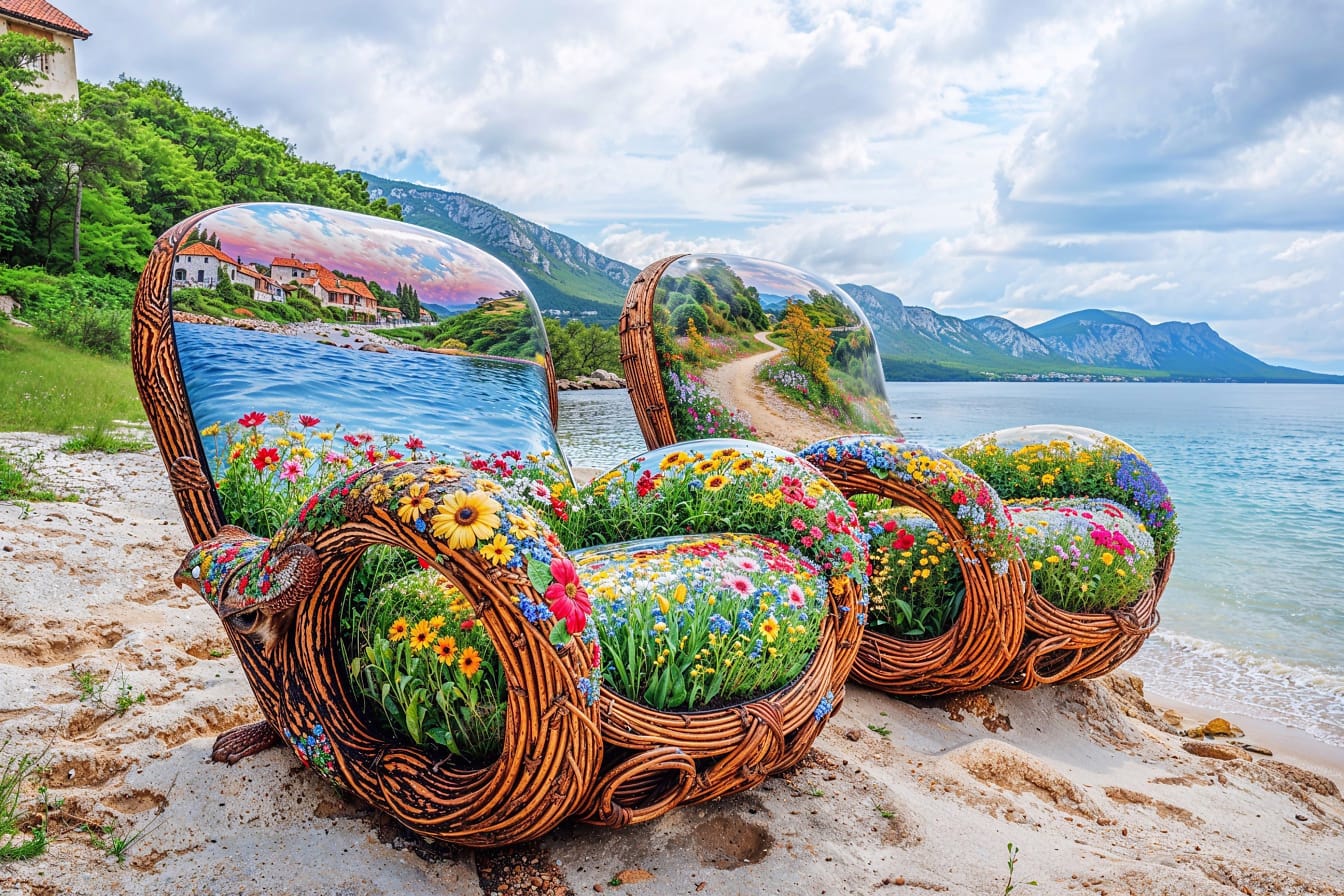Handgemaakte rieten fauteuils met bloemenprint erop in het strand van Kroatië
