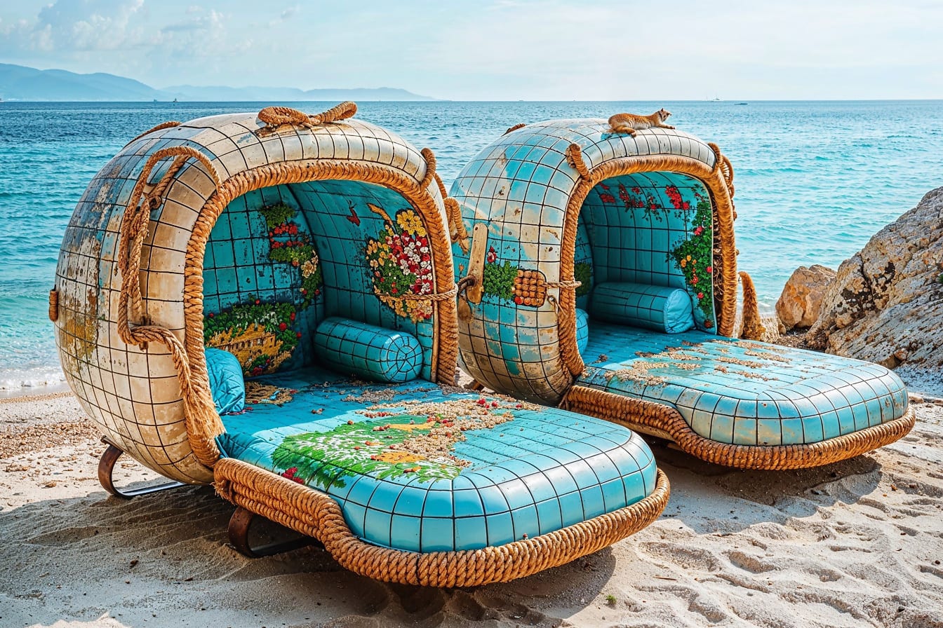 Dua kursi berlengan yang nyaman untuk berbaring di pantai