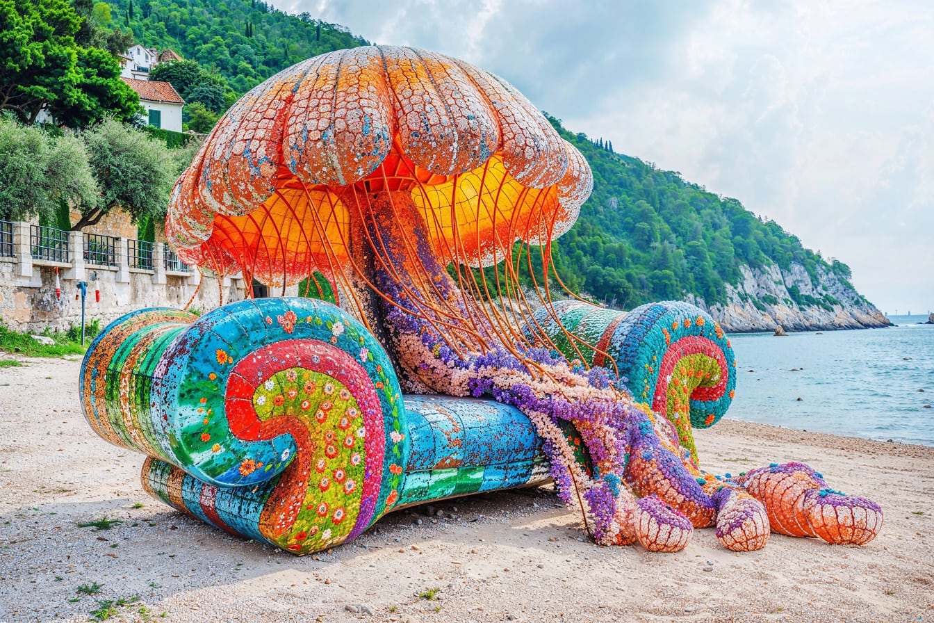 Sofá em forma de água-viva em uma praia na Croácia