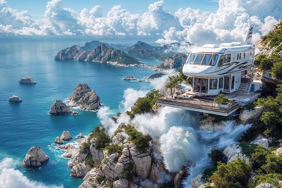 Toeristische bungalow in de vorm van een recreatievoertuig op een klif boven water in Kroatië