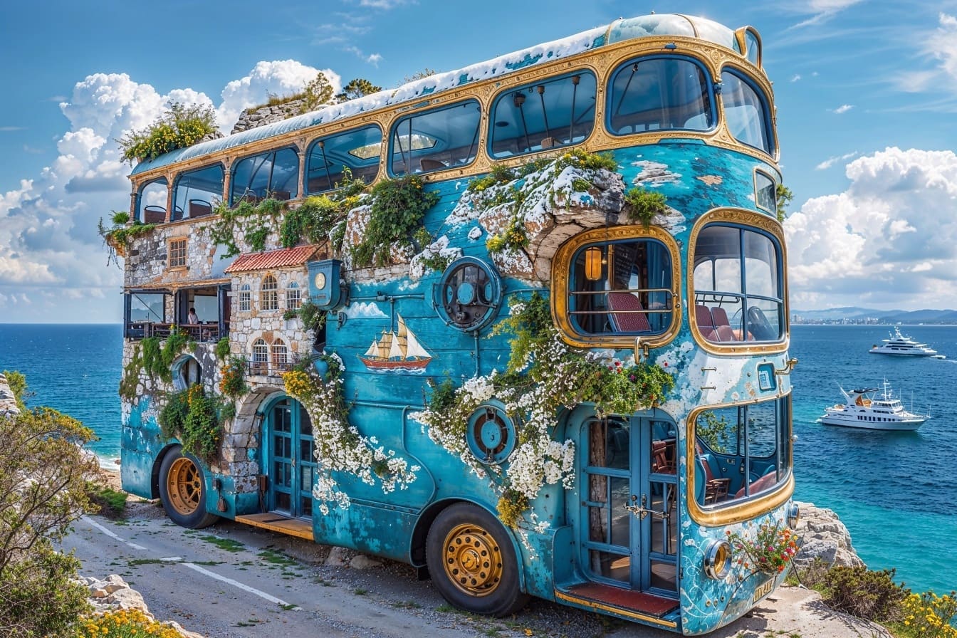 Xe buýt hai tầng màu xanh với hoa trên đó ở Croatia