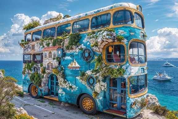 Blue double decker bus with flowers on it in Croatia