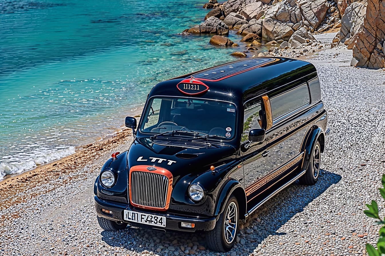 Coche negro al estilo de un taxi londinense aparcado en una playa rocosa