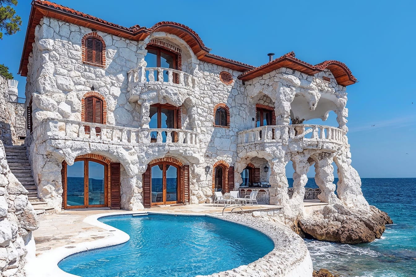 Witte kalkstenen villa met zwembad aan het strand in Kroatië
