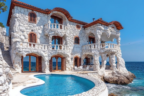 白色石灰石别墅，带游泳池在克罗地亚的海滩上