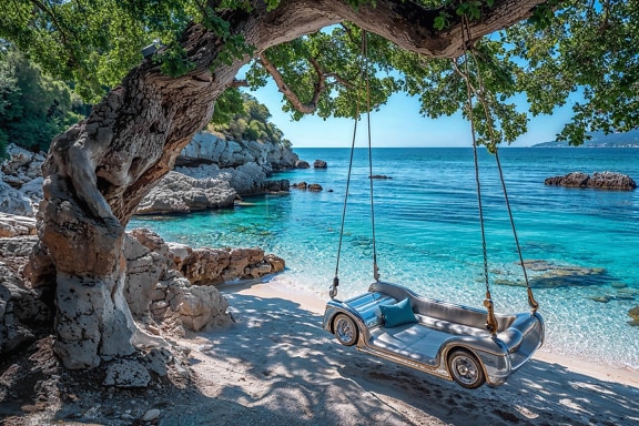 A swing in the shape of a sports car hangs from a tree on the beach