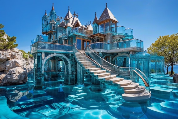 Concepto de casa de cristal futurista del futuro con piscina