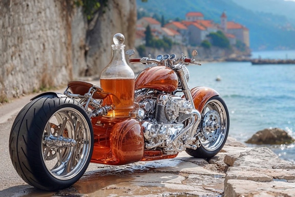 Op maat gemaakte motorfiets met een grote fles sterke drank in het zadel