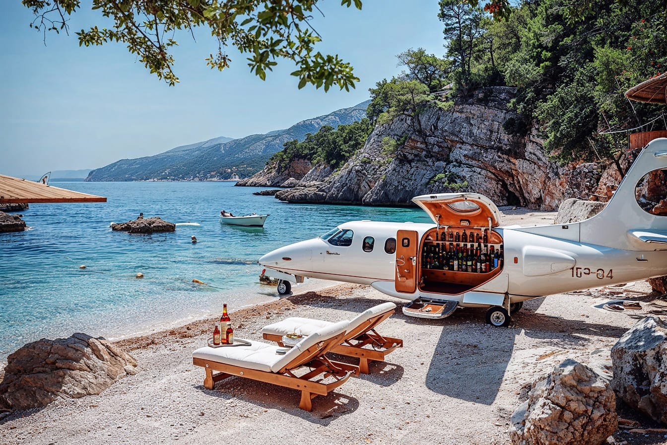 Flugzeug mit Trinkbar im Inneren am Strand der Adria in Kroatien