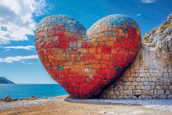 Hjerteformet steinskulptur på en strand