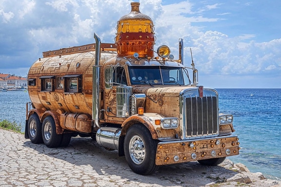 Caminhão tanque transformado em quiosque com bebidas refrescantes à beira-mar na Croácia