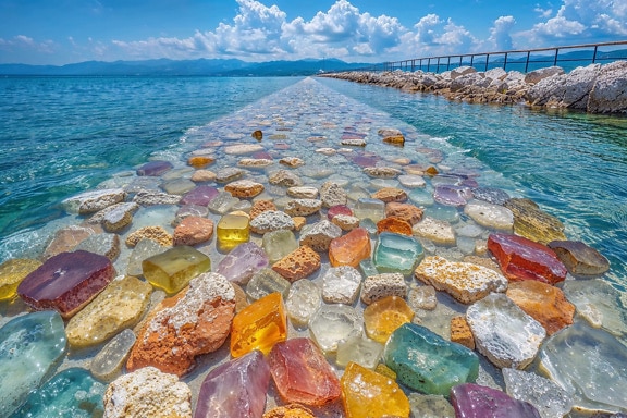 En sti ved stranden lavet af krystaller og ædelsten i Kroatien
