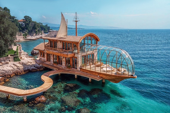 Bootvormige bungalow aan het strand in toeristisch vakantieoord