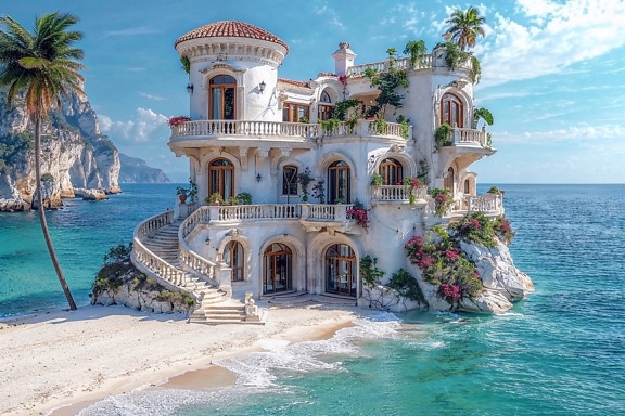 Hvitt slott på en tropisk strand