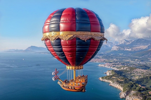 Hot air balloon with hanging basket in a shape of sailship over Croatia