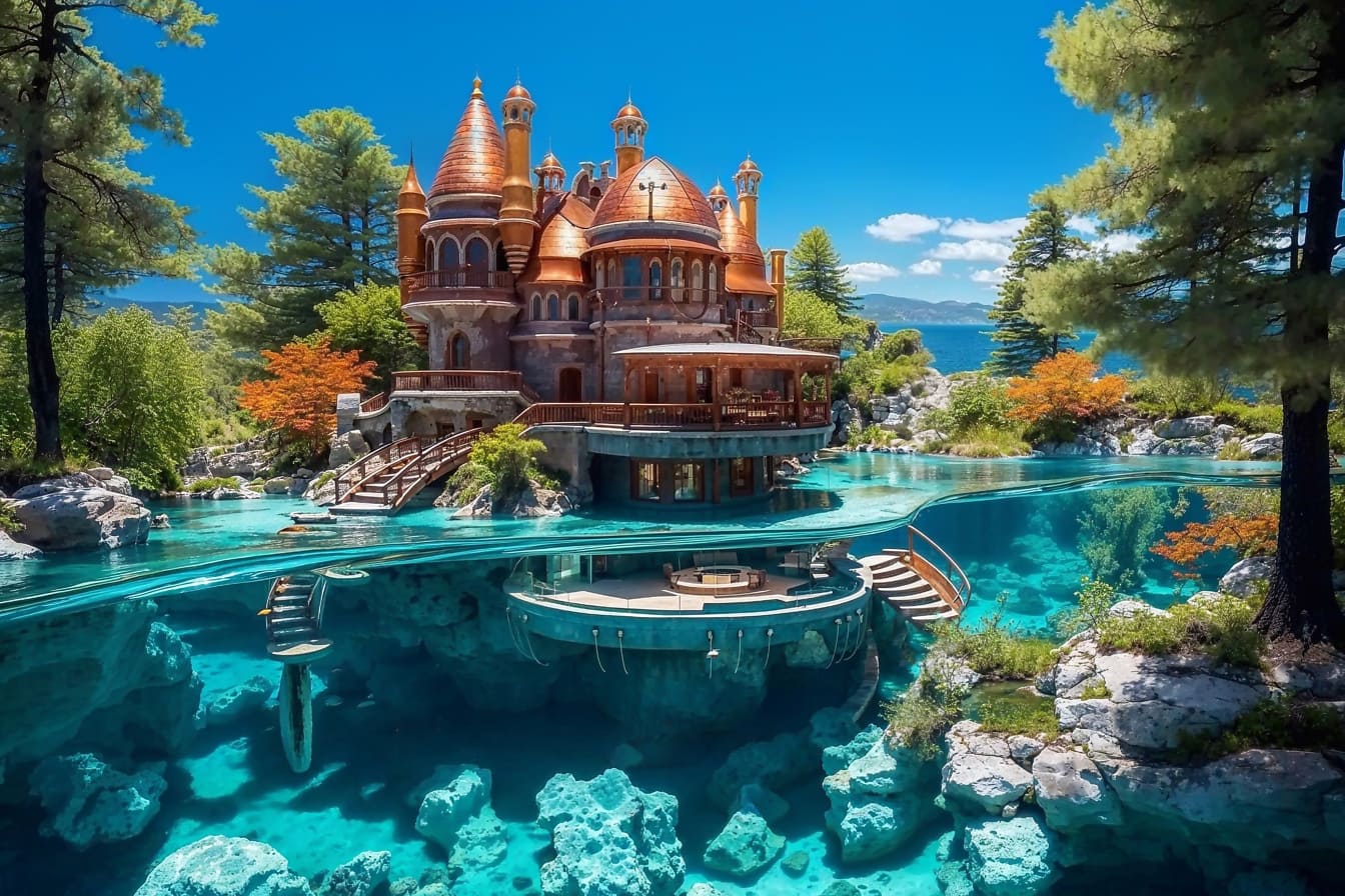 Futuristinen konsepti monikerroksisesta talosta, jossa pohjakerros veden alla uima-altaassa