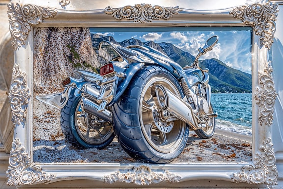 Picture of a three-wheeled motorcycle in a Victorian-style 3D picture frame