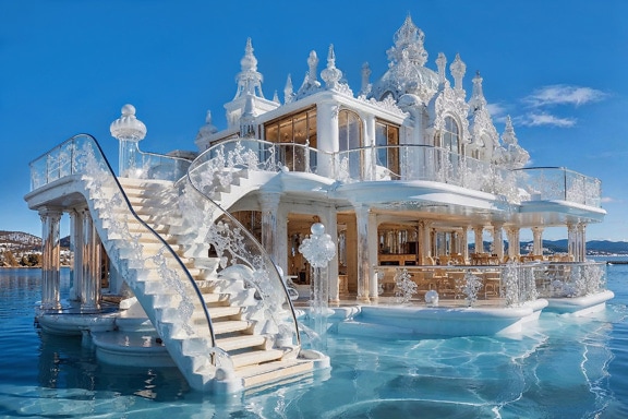 La villa blanche dans la mer avec des escaliers descendant dans la mer Adriatique en Croatie