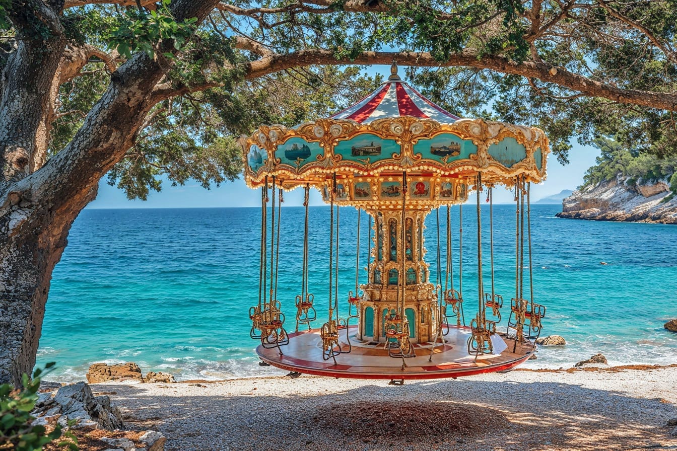 Carusel cu strălucire aurie în stil victorian agățat de un copac pe o plajă