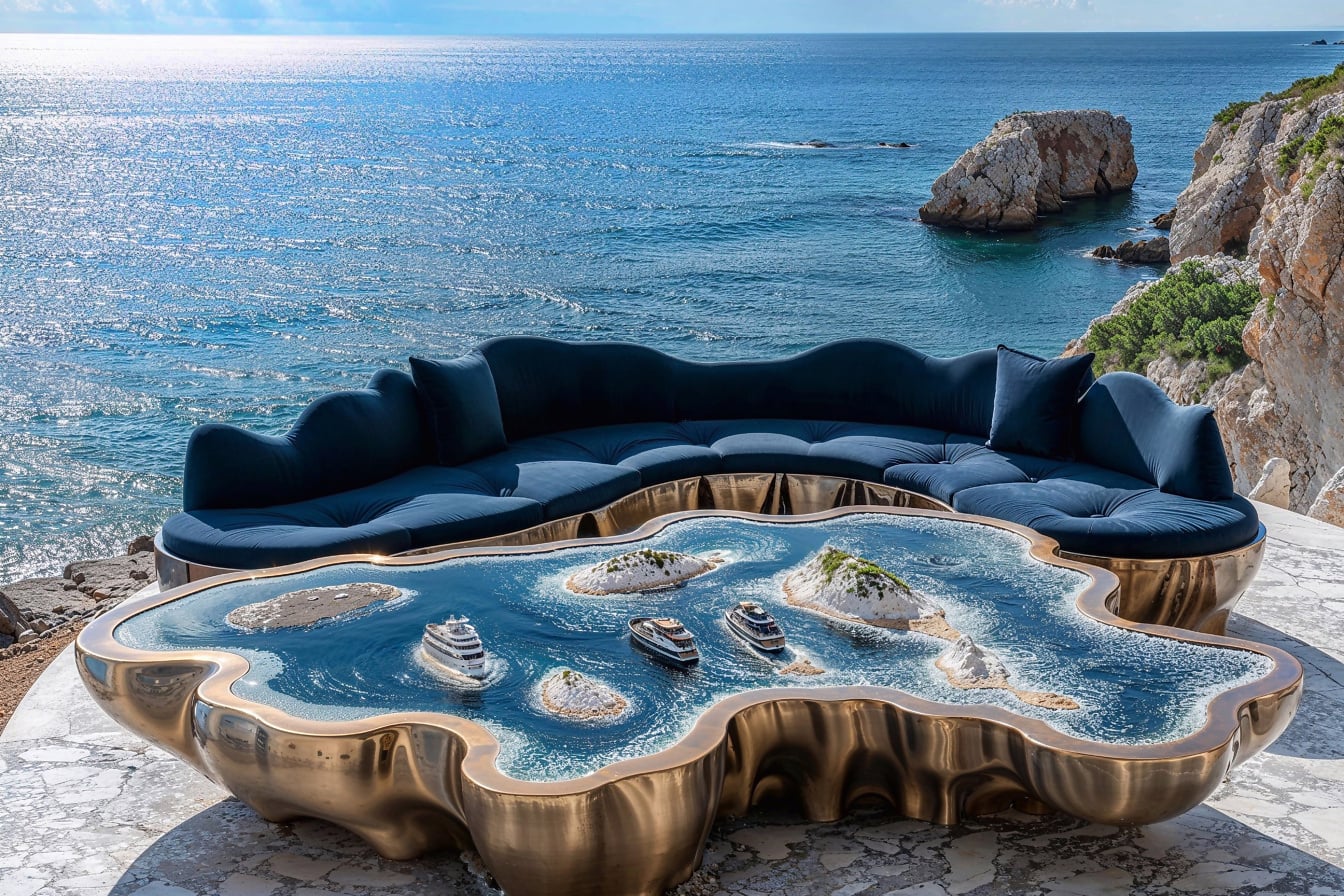 Журнальний столик з моделлю океану з островами на ньому і терасний диван в Хорватії