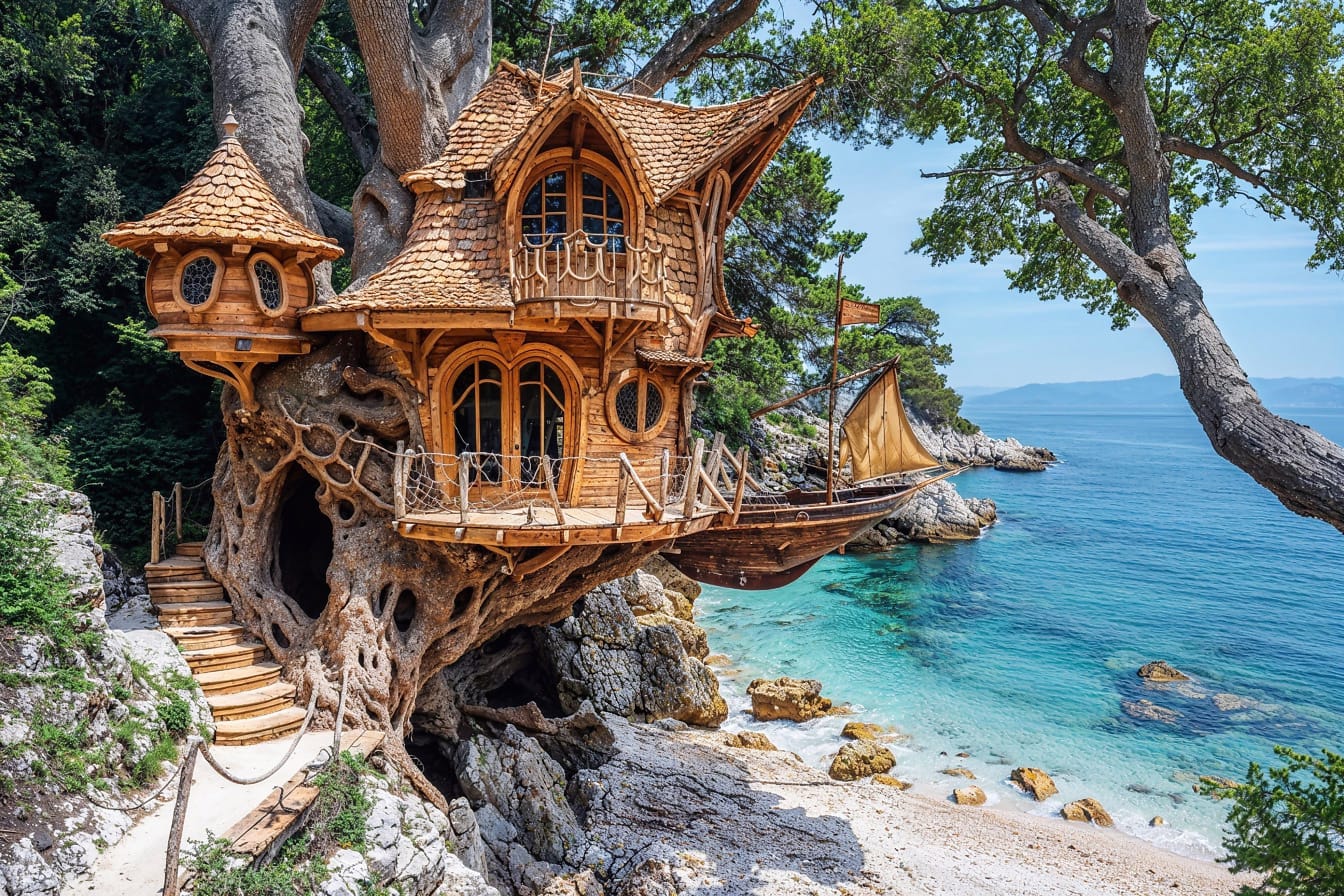 Pohádkový dům na stromě na tropické pláži