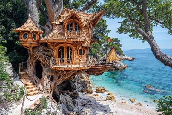 Tropikal bir sahilde masalsı ağaç evi