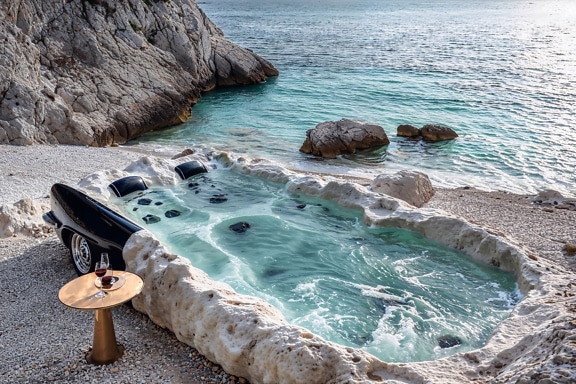 在克罗地亚海滩上以汽车形状制作的按摩浴缸